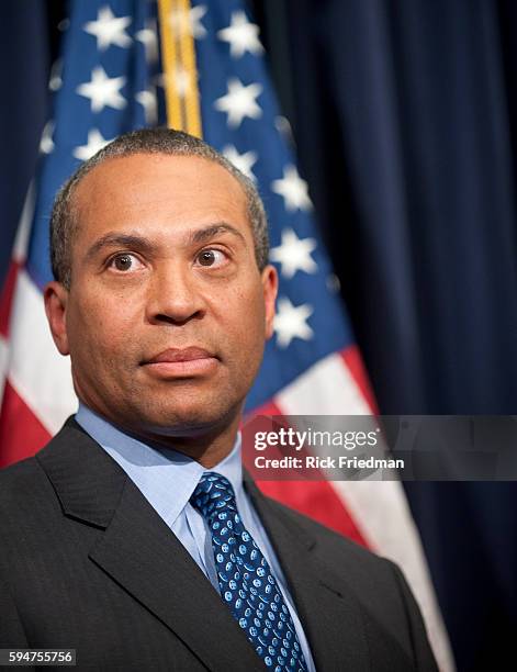 Massachusetts Governor Deval Patrick during a press conference where U.S. Interior Secretary Ken Salazar announced his approval of the Cape Wind...