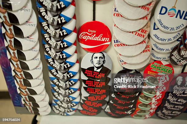 Political buttons being sold at a New Gingrich speaking campaign stop at Salem High School in Salem, NH on January 6, 2012.