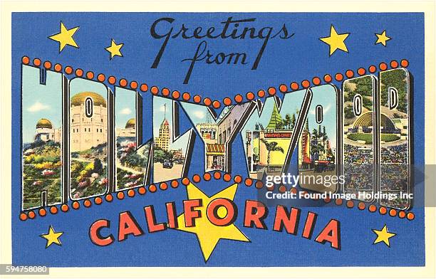 Vintage large letter illustrated postcard ‘Greetings from Hollywood, California’ showing Hollywood Bowl, Griffith Observatory, and First National...