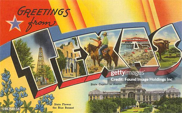 Vintage large letter illustrated postcard ‘Greetings from Texas’ showing the state capitol in Austin, the state flower the Blue Bonnet, cowboys, the...