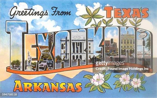 Vintage large letter illustrated postcard ‘Greetings from Texarkana, Texas Arkansas’.