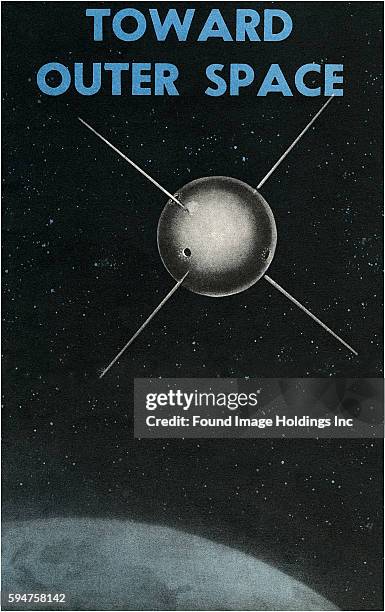 Vintage illustration of Sputnik satellite above earth tilted ‘Toward Outer Space’.
