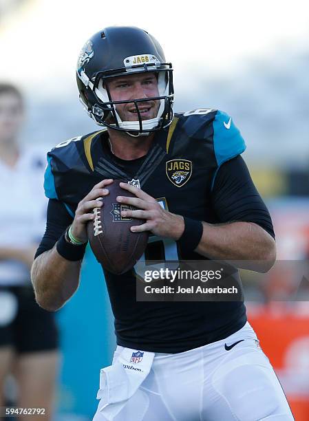 Max Wittek of the Jacksonville Jaguars throws the ball prior to the preseason game against the Tampa Bay Buccaneers on August 20, 2016 at EverBank...