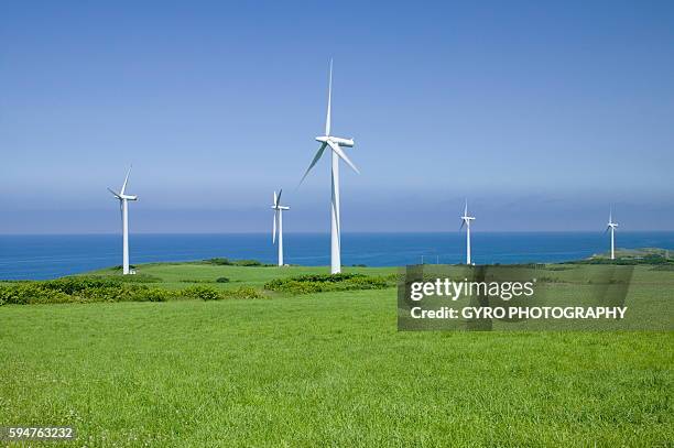 wind farm, tomamae town, hokkaido prefecture, japan - wind power japan stock pictures, royalty-free photos & images
