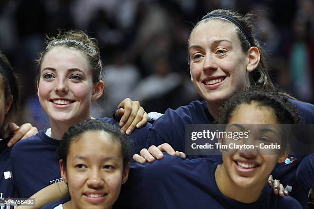 Breanna Stewart, ), and Katie Lou Samuelson, with team mates at the trophy presentation during the UConn Huskies Vs USF Bulls 2016 American Athletic...