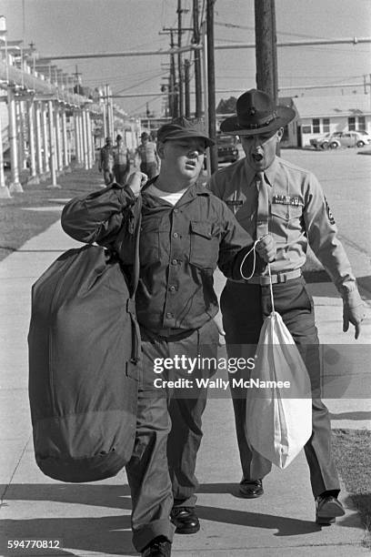 Iconic image of a Marine drill instructor, wearing a fabled campaign hat, berates a recruit lagging behind the rest of the recruits platoon carrying...