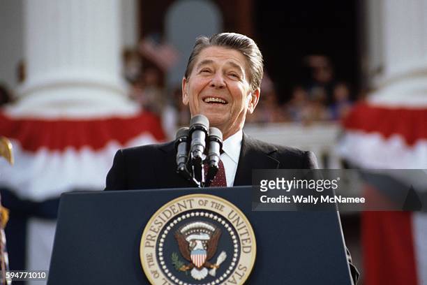 President Ronald Reagan, campaigning for a second term of office, smiles during a rally speech at the California State Capitol the day before the...