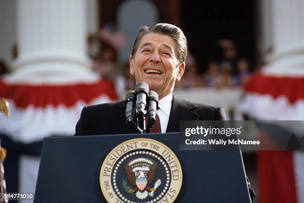 President Ronald Reagan, campaigning for a second term of office, smiles during a rally speech at the California State Capitol the day before the...