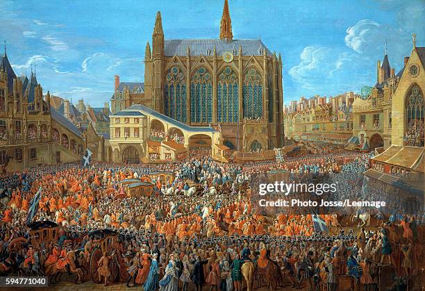 The Departure of Louis XV from Sainte-Chapelle after the 'lit de justice' which ended the reign of Louis XIV 12th September 1715. Painting by Pierre...
