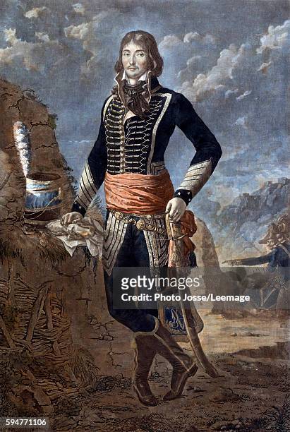 Portrait of the General Marceau , after a painting by Antoine Louis Francois Sergent , called Sergent Marceau. Engraving of the 18th century. Army...