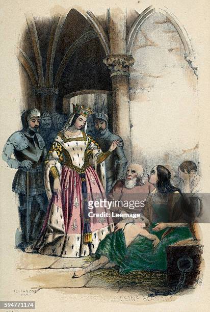 Queen of France Blanche of Castile visiting poor families, France Drawing from Les anges de la terre by Saintes, 1844 - private collection