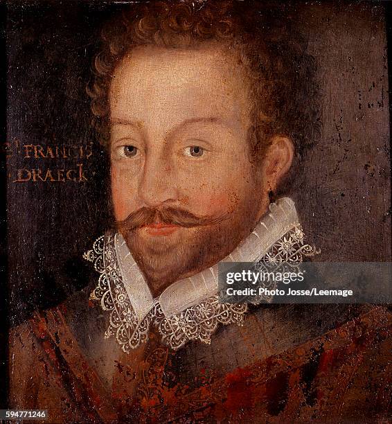 Portrait of sir Francis Drake , english navigator. Painting by Jocodus Hondius . National Portrait Gallery, London, UK