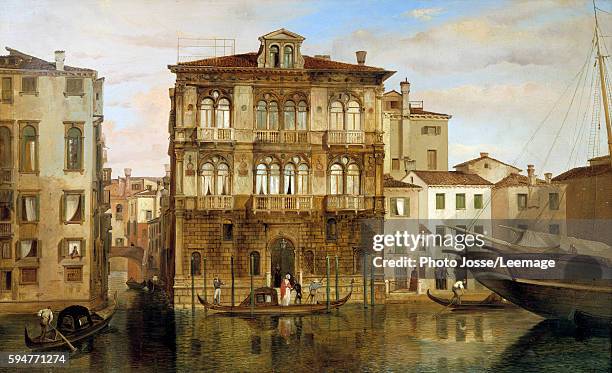 The ballerina Marie Taglioni boarding a gondola in front of her palace in Venice. Painting by Carlo Ferrari , 19th Century. Arts Decoratifs museum,...