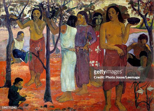 Nave Nave Mahana also known as "Delicious Day". A group of Tahitian women in a garden. Painting by Paul Gauguin , 1896. 0,94 x 1,3 m. Beaux-Arts...