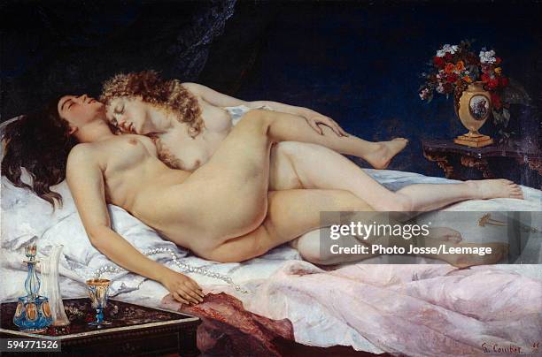 The Sleepers also known as the Sleep . Two naked women entwined in a bed. Painting by Gustave Courbet , 1866. 1,35 x 2,00 m. Petit Palais Museum,...