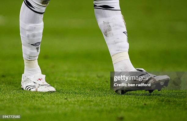 David Beckham's football boots with England flag specially stitched in to the tongue during the international friendly match between England and...