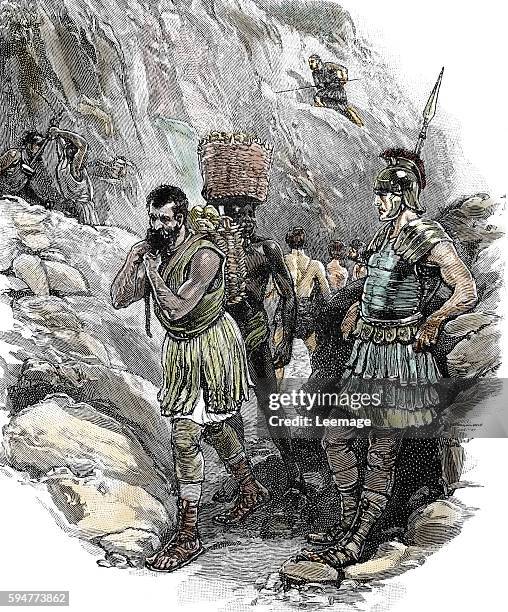 Roman legionary supervising Anglo-Saxon workers in a tin mine in circa 50 AD, England Private collection