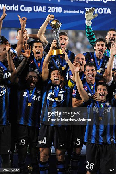 Javier Zanetti of FC Internazionale Milano lifts the 2010 FIFA Club World Cup trophy after defeating TP Mazembe Englebert 0-3