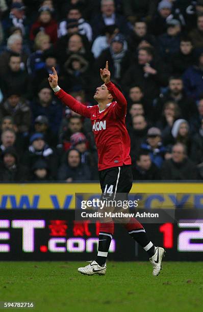 Javier Hernandez of Manchester United celebrates after scoring the winning goal to make it 1-2