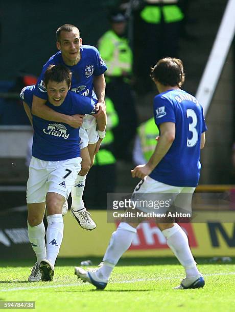 Diniyar Bilyaletdinov of Everton celebrates with Leon Osman and Leighton Baines after scoring a goal to make it 0-3