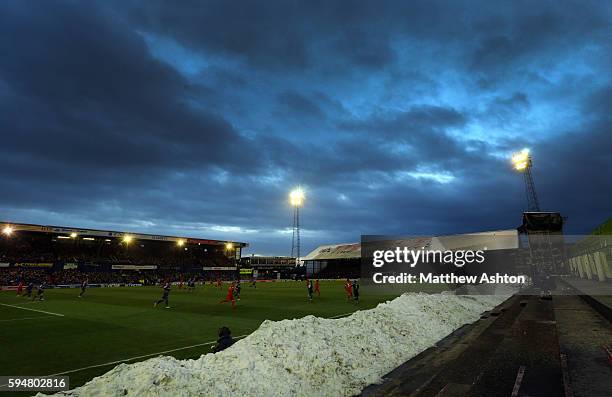 Oldham Athletic v Liverpool in the snow at Boundary Park the home stadium of Oldham Athletic