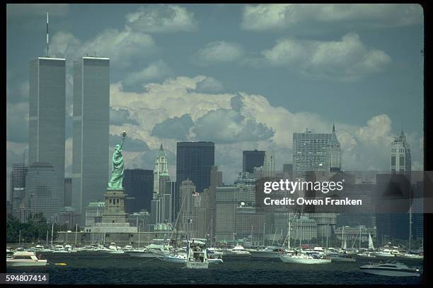 new york harbor during statue of liberty anniversary - twin towers manhattan stock pictures, royalty-free photos & images