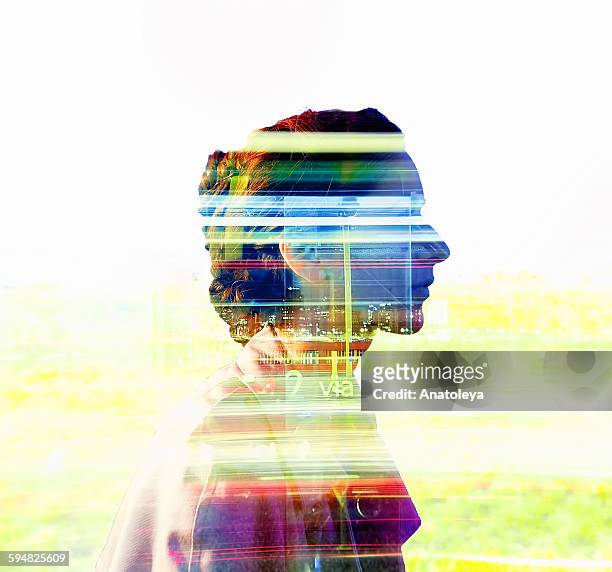 multiple exposure of girl and traffic - double exposure stock pictures, royalty-free photos & images