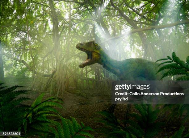 dinosaur roaring in prehistoric jungle - dinosauri foto e immagini stock