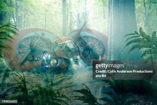 asian woman and stranded spaceship in jungle - digitally generated image forest stock pictures, royalty-free photos & images