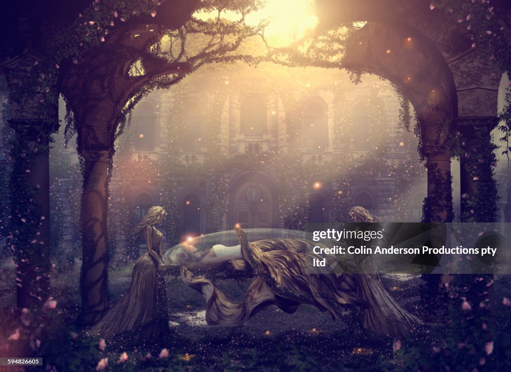 Caucasian women mourning sleeping friend