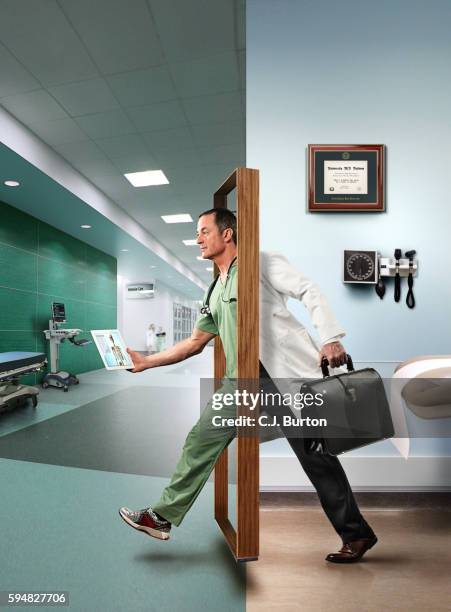 doctor stepping through door, digital composite - deur stockfoto's en -beelden