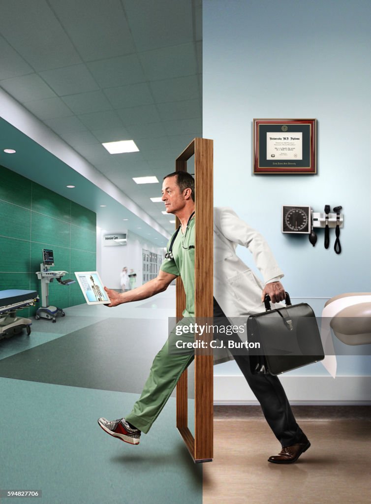 Doctor stepping through door, digital composite