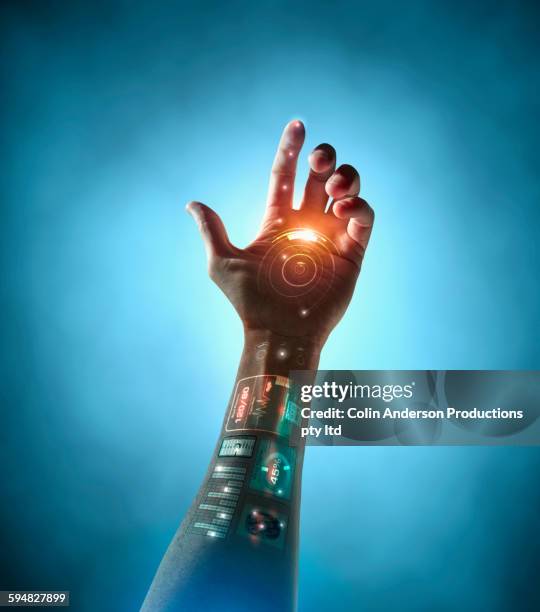 caucasian woman with bionic technology - bionics research stock-fotos und bilder