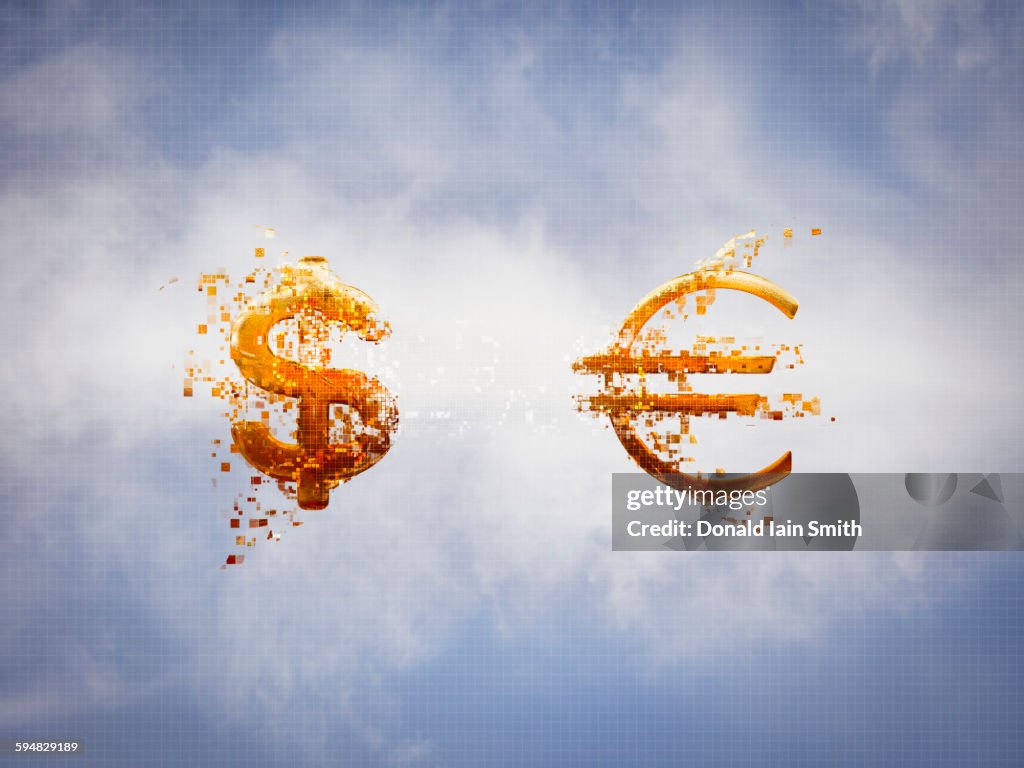 Pixelated dollar and Euro signs in sky