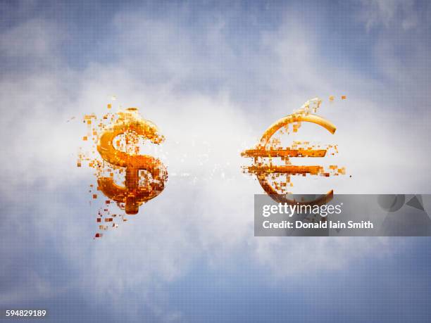 pixelated dollar and euro signs in sky - disintegration stock pictures, royalty-free photos & images