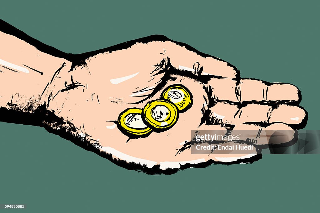 Illustrative image of hand holding coins against gray background