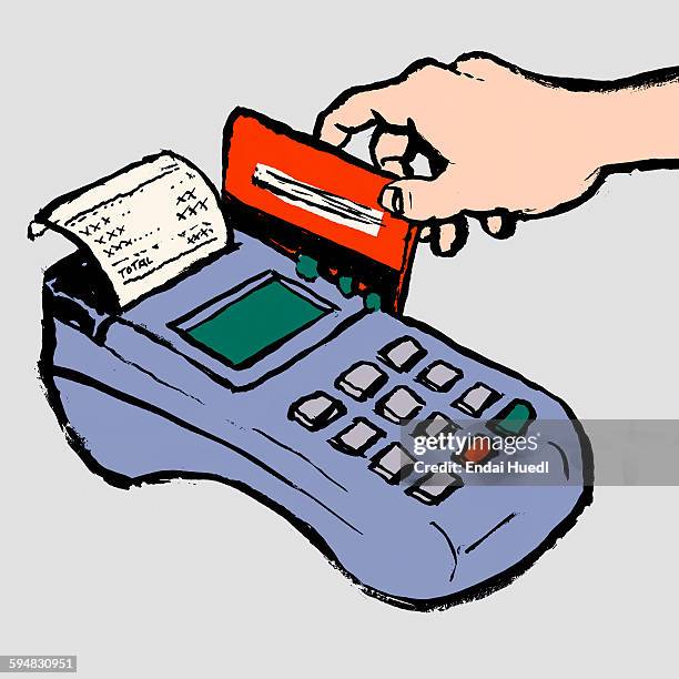 illustration of hand swiping credit card in reader against gray background - square credit card reader stock illustrations