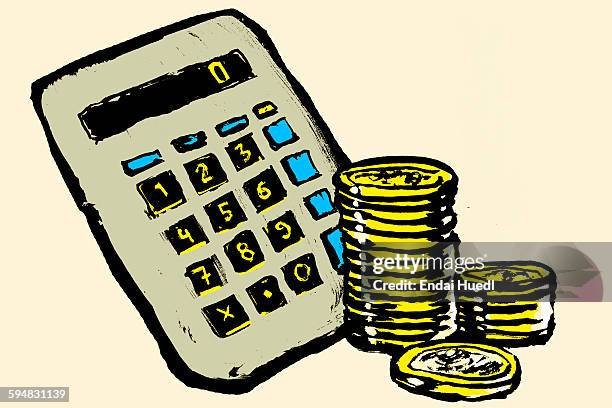 illustration of calculator and stacked coins against white background - budget calculator stock illustrations