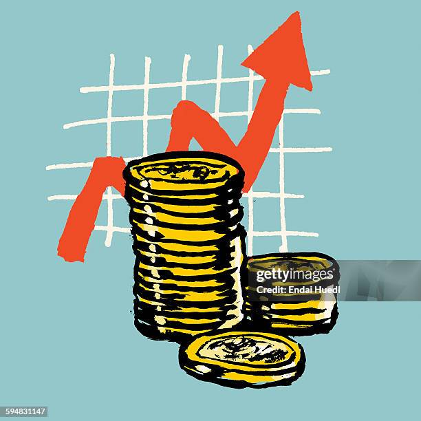 illustration of stacked coins with progress graph against blue background - stack stock illustrations stock illustrations