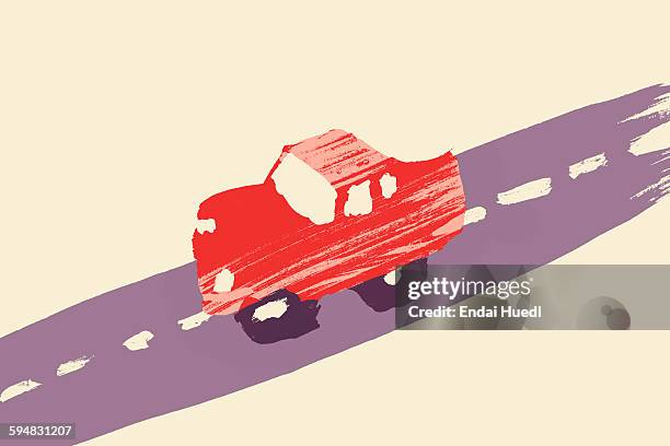 illustration of red car on street - car road trip stock illustrations