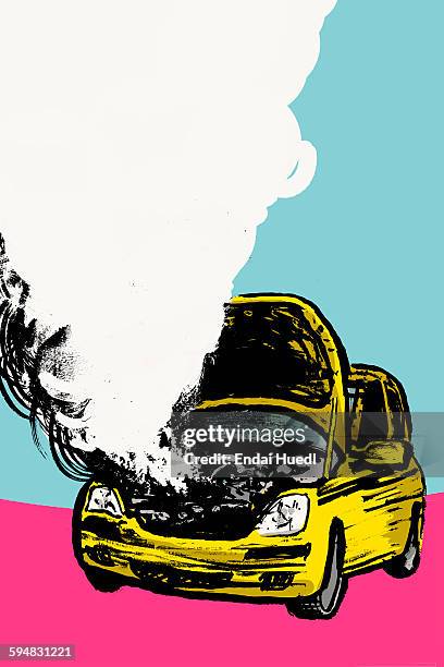 illustration of smoke coming out from car engine against blue background - road accident stock illustrations