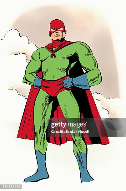 illustrative image of superhero with hands on hip standing against sky - superhero cartoon stock-grafiken, -clipart, -cartoons und -symbole