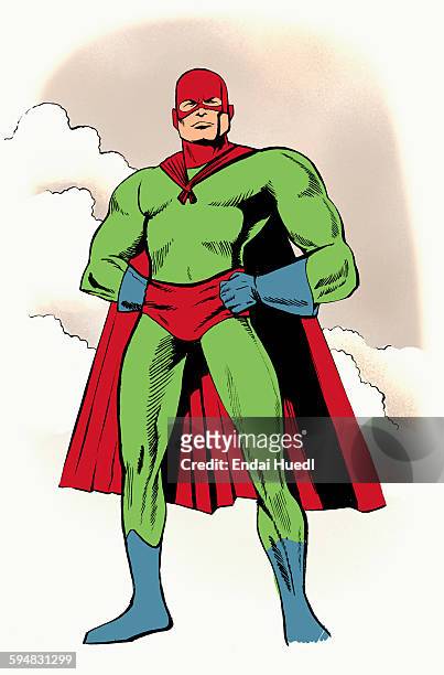 illustrative image of superhero with hands on hip standing against sky - disguise stock illustrations