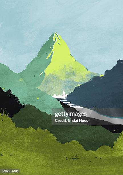 ilustraciones, imágenes clip art, dibujos animados e iconos de stock de illustrative image of field and mountain against sky - geología