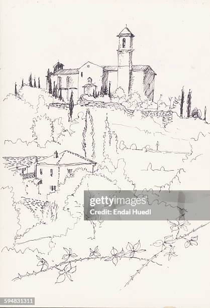 sketch of houses and trees on field against white background - building-sketch stock illustrations
