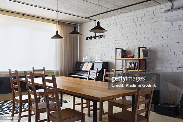 wooden dining table and chairs at home - dining room set stock pictures, royalty-free photos & images