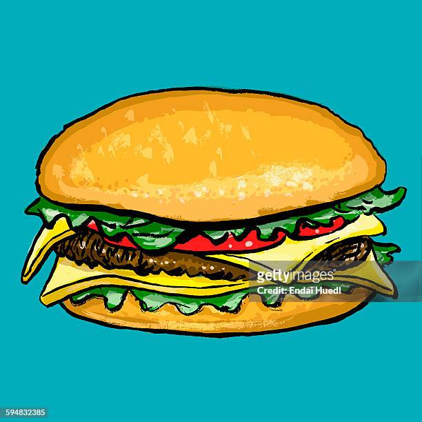 illustrazioni stock, clip art, cartoni animati e icone di tendenza di illustration of burger against blue background - alimentazione non salutare
