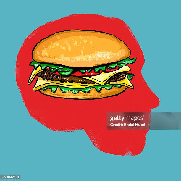 illustration of burger in human head against blue background - brainfood stock illustrations