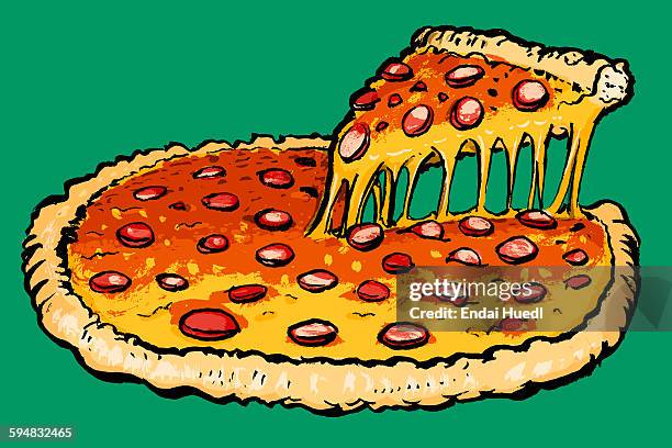 ilustraciones, imágenes clip art, dibujos animados e iconos de stock de illustration of fresh pizza against green background - pizza