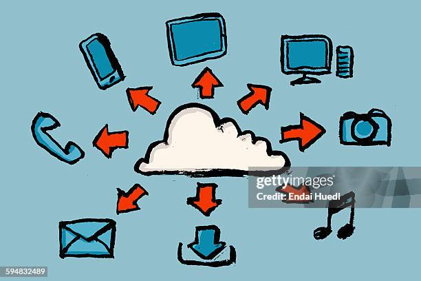 illustrative image of cloud computing against blue background - tablet digital stock illustrations